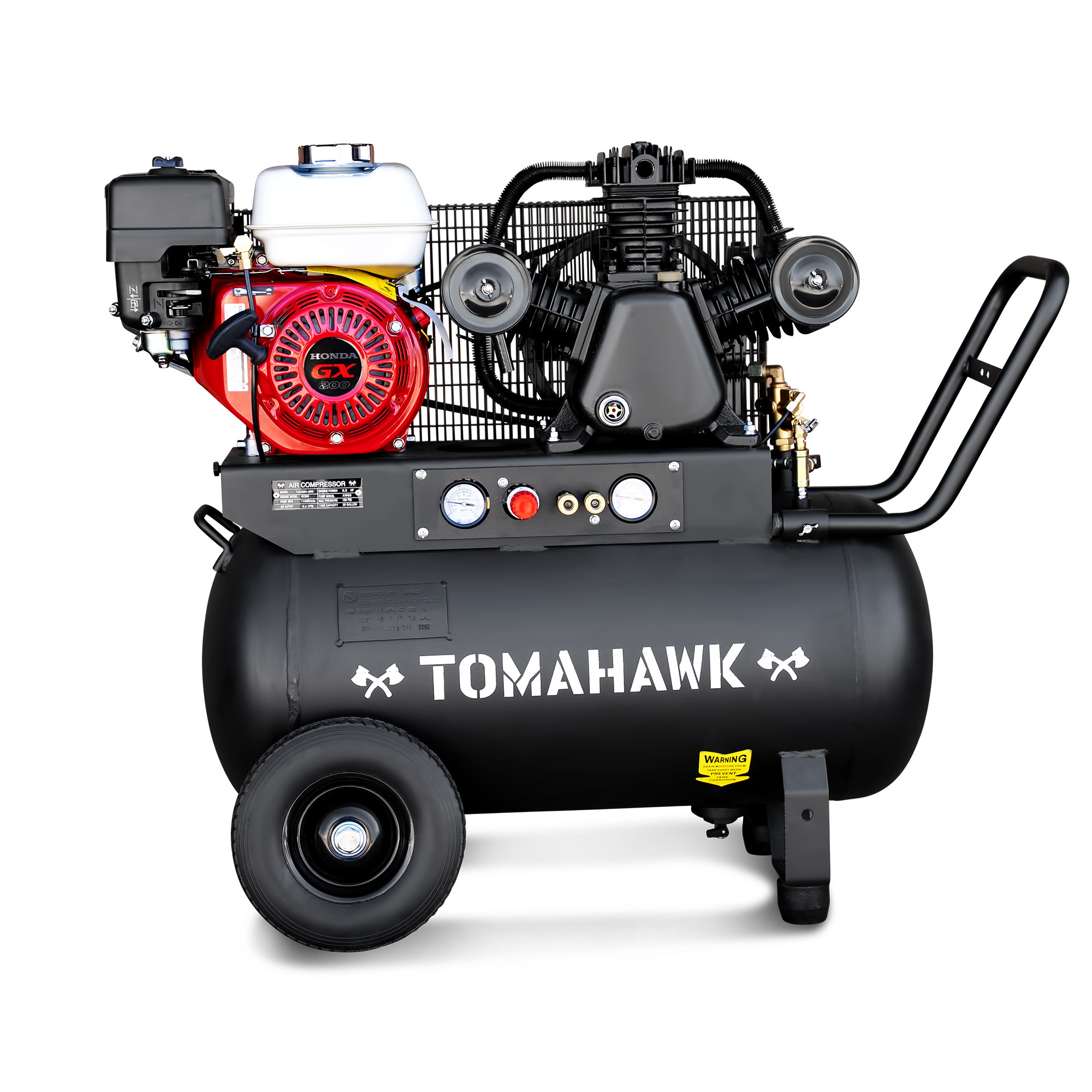 Tomahawk Portable Air Compressor — 20-Gallon, 6.5 HP Honda GX200 Engine, 13.5 CFM @ 90 PSI, Gas-Powered, Model# TAC20H-200